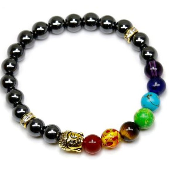 10mm Hematite Buddha Charm Beaded Stretch Bracelet - Picture 2 of 6